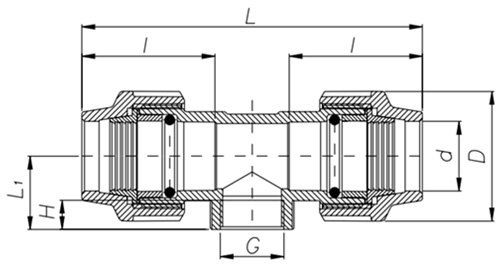 Схема і розміри Трійник Unidelta Ø40 x 1 1/2" внутрішнє різьблення