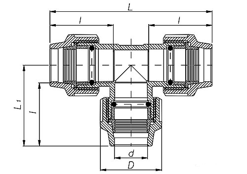 Схема і розміри Трійник Unidelta Ø20 x 20 x 20 зовнішнє різьблення