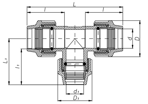 Схема і розміри Трійник Unidelta Øредукційний 63x32x63 зовнішнє різьблення	