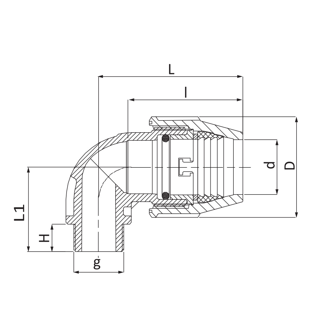 Схема і розміри Коліно Unidelta Ø63 x 1 1/2" зовнішнє різьблення 