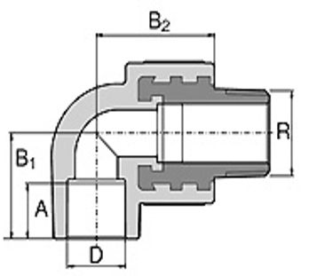 Габаритні розміри Кут МРЗ Wavin Ekoplastik PPR 25x3/4" SKOE02525X  