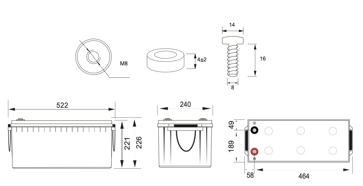Габаритные размеры Аккумулятор гелевый 150 Ah (ампер-часов) PANTEC 150-12 GEL 12V Grey Q1/48 