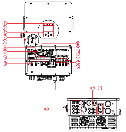 Конструкція Гібридний інвертор 15кВт DEYE SUN-15K-SG01HP3-EU-AM2 HV (MPPT 150-850В,37A,160-700В)Parallel) трифазний високовольтний  