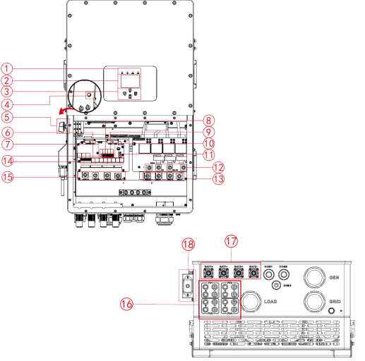 Конструкція Конструкція Гібридний інвертор 30кВт Deye SUN-30K-SG01HP3-EU-BM3(160-700В, MPPT 150-850/37A, Parallel) трифазний високовольтний 