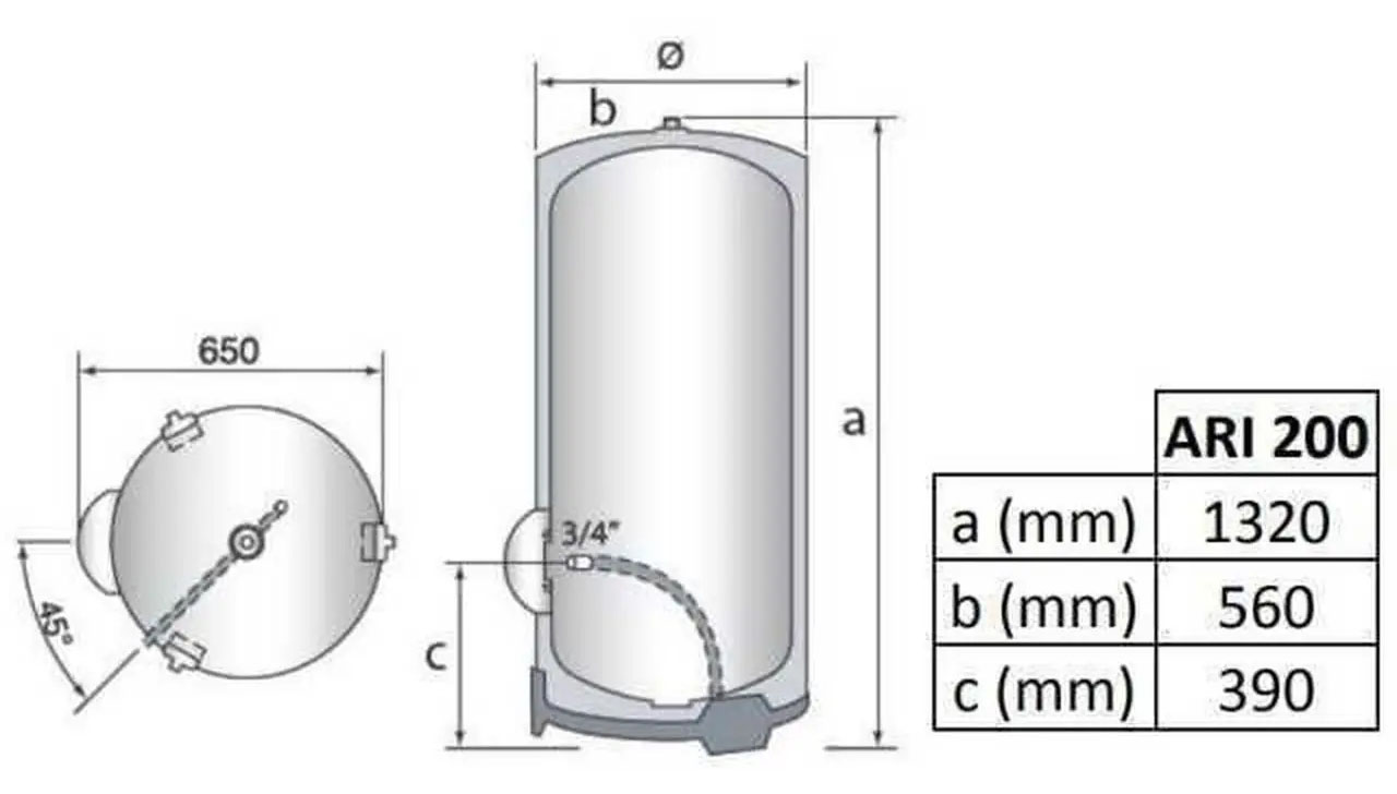 Габаритні розміри Бойлер Ariston ARI 200 STAB 570 THER MO EU 200л