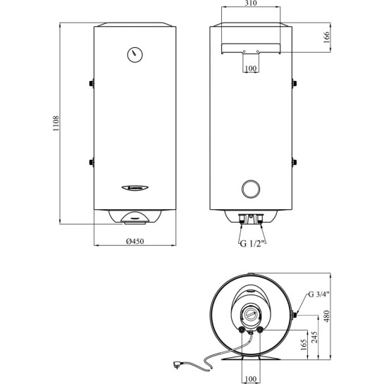Габаритные размеры Бойлер Ariston PRO R 120 VTS EVO EU 120л 