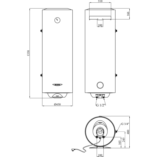 Габаритні розміри Бойлер Ariston PRO R 150 VTS EVO EU 150л 