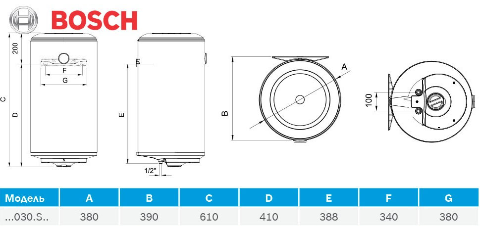 Габаритні розміри Бойлер Bosch TR2000T 30 SB 30 літрів 1.5 кВт 