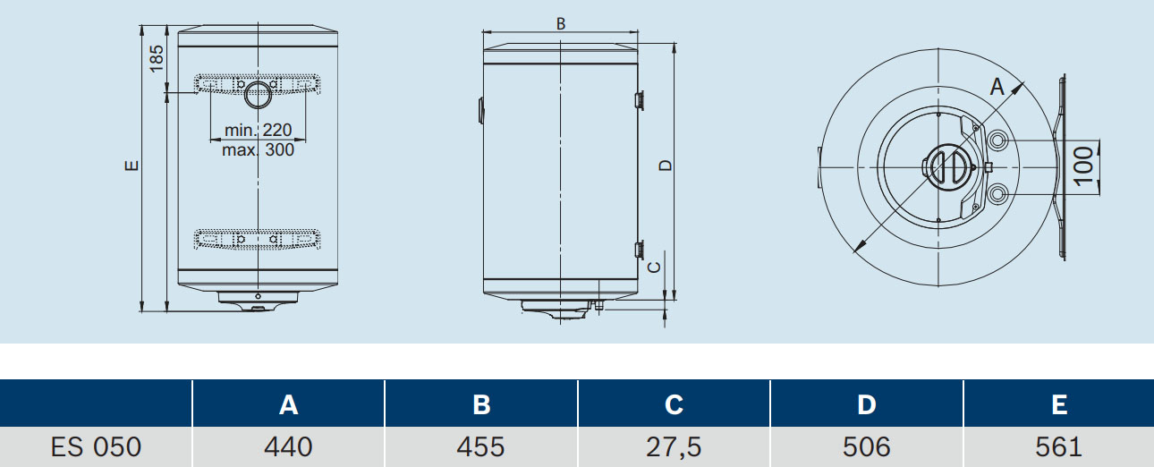 Габаритні розміри  Бойлер Bosch TR2000T 50 B 50 літрів 1,5 кВт   