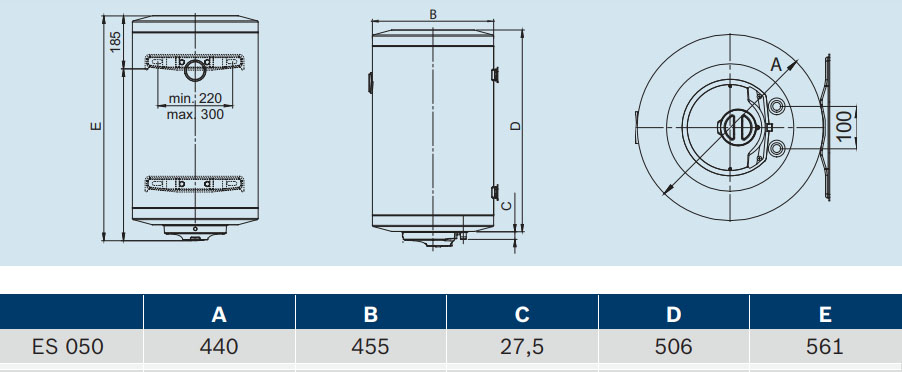 Габаритні розміри Бойлер Bosch TR2000T 50 SB 50 літрів 1.5 кВт  
