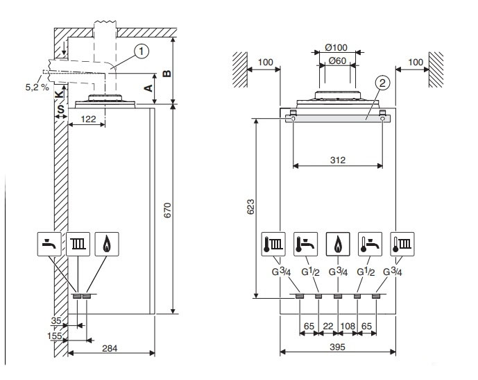 Габаритні розміри Газовий котел Bosch Condens GC1200W 24 C 23 двоконтурний, конденсаційний