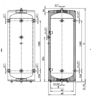 Габаритные размеры Теплоаккумулятор Drazice NAD 250 v1 (TJ 6/4" с изоляцией класса B)   