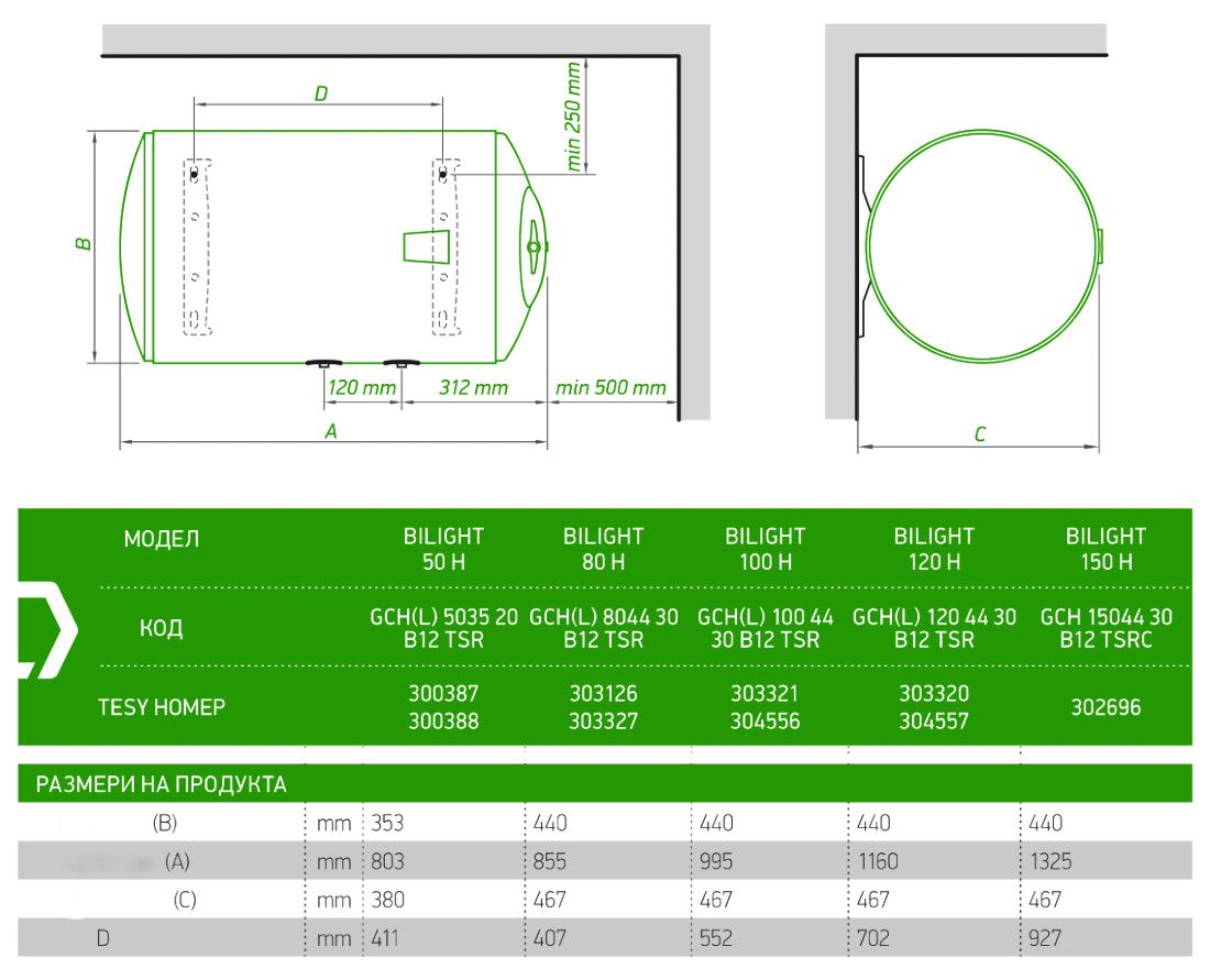 Габаритні розміри Горизонтальний бойлер TESY BILIGHT GCH 10044 30 B12 TSR