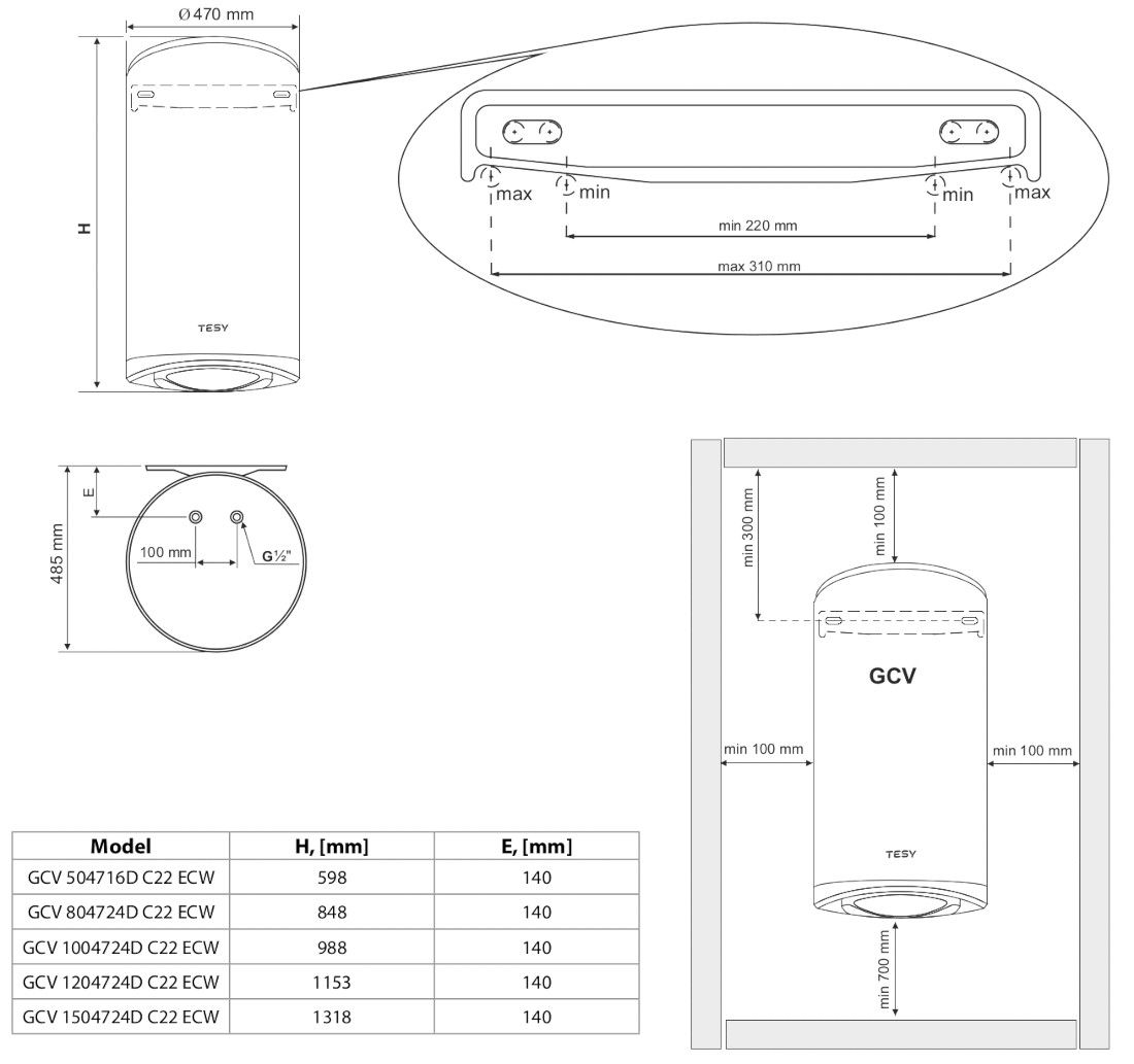 Габаритні розміри та креслення Бойлер Tesy ModЕco GCV 504716D C22 ECW