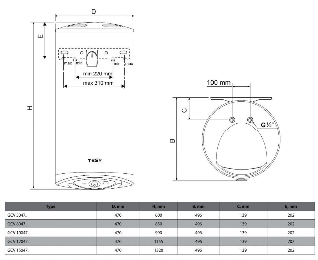 Габаритні розміри Бойлер TESY ModEco Ceramic GCV 8047 16D C21 TS2R (305919) 