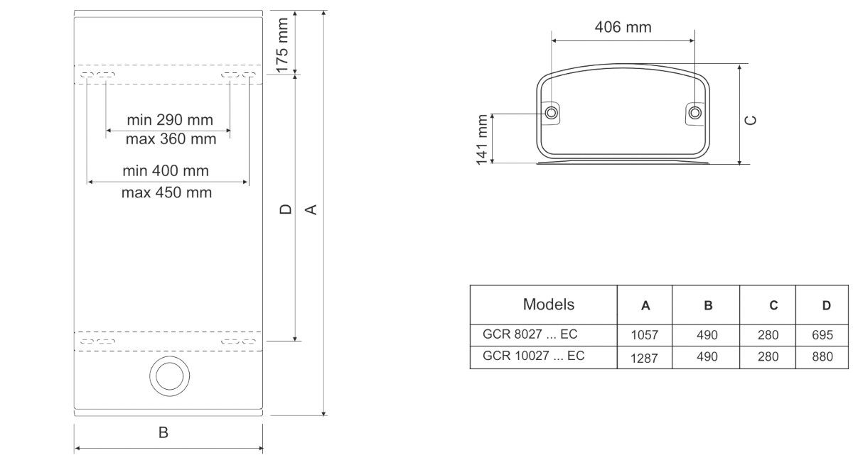 Габаритні розміри Бойлер Tesy BelliSlimo Lite Dry GCR 8027 12D E32 EC